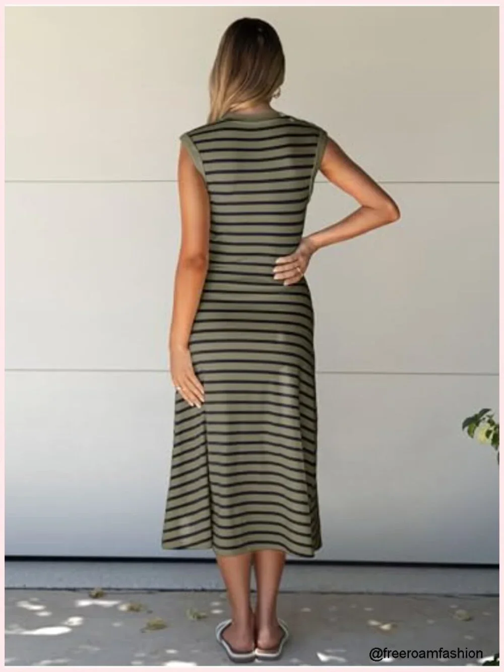 Women's Striped A-Line Midi Dress Cap Sleeve Casual Summer Dress Soft Stretch